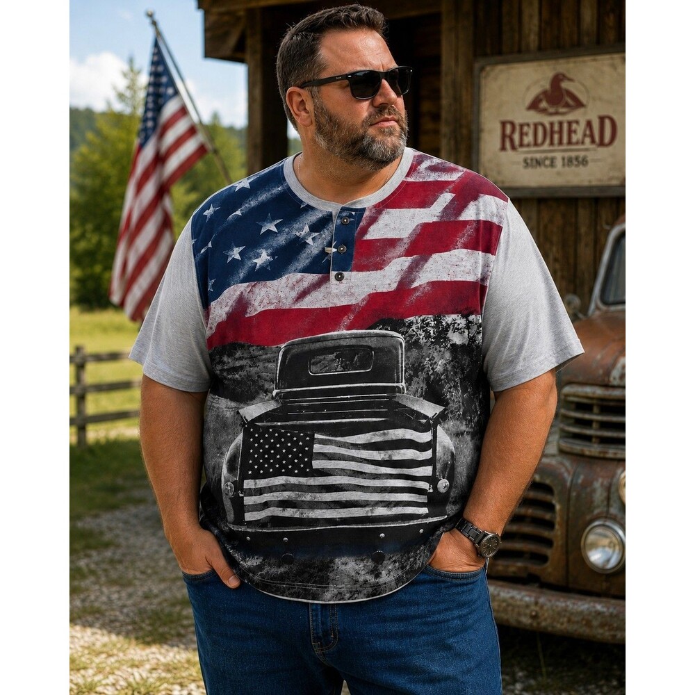 RedHead Men 3XL Patriotic American Flag Truck Graphic Henley Tee NWT Big Tall
